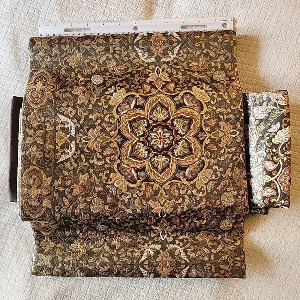 Japanese Metallic Thread and Brocade Silk Nagoya Obi - Gray, Gold, Silver Floral